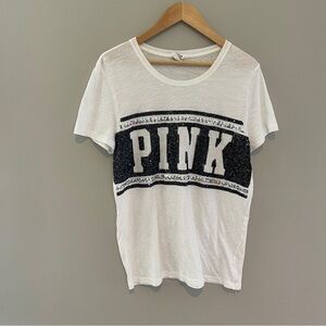 PINK Victoria’s Secret White Black Sequin Bling Short Sleeve T-Shirt Size Large